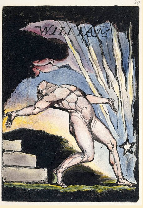 Milton enters Blake's foot, the image of poetic inspiration, in Milton: A Poem.